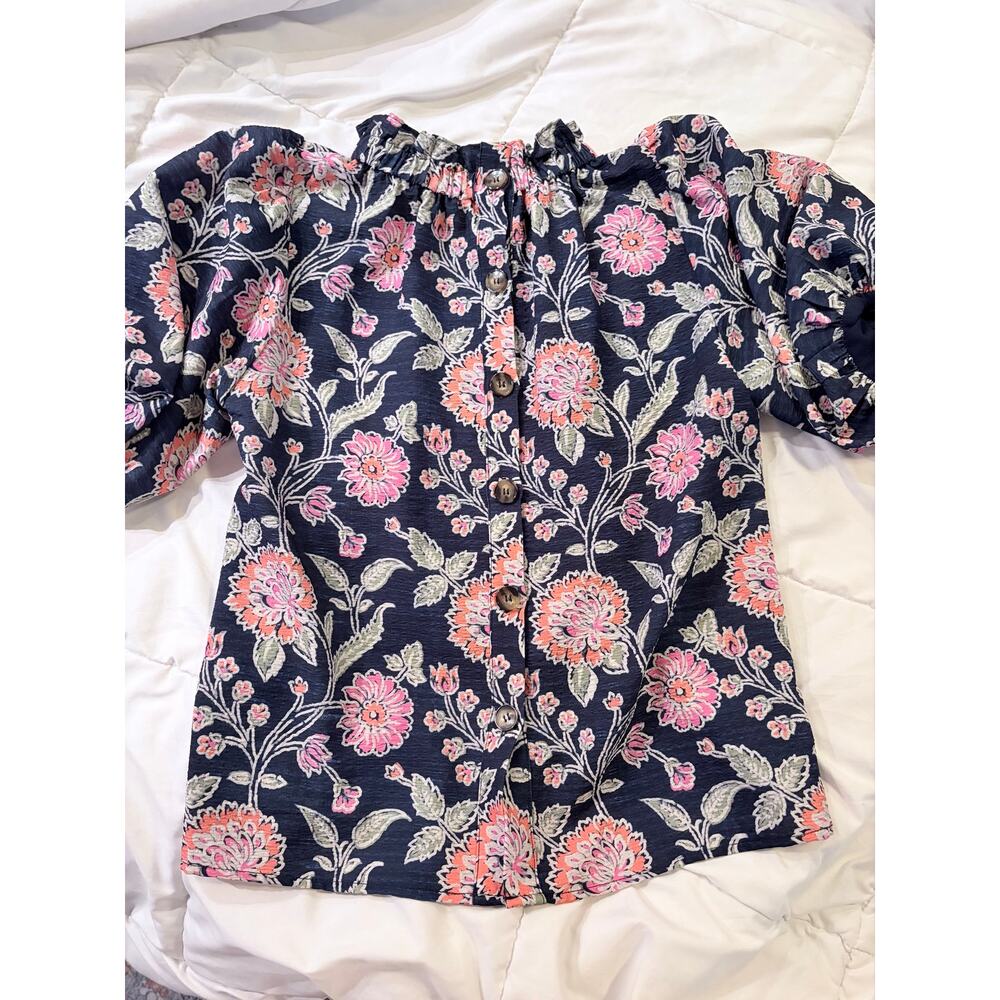 THML Navy Floral Puff Sleeve Blouse - Picture 4 of 7